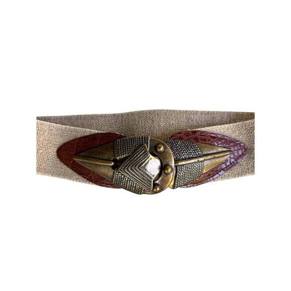 Vintage Omega Elastic Cinch Belt Brass Statement Buckle Southwestern,Boho,Tribal